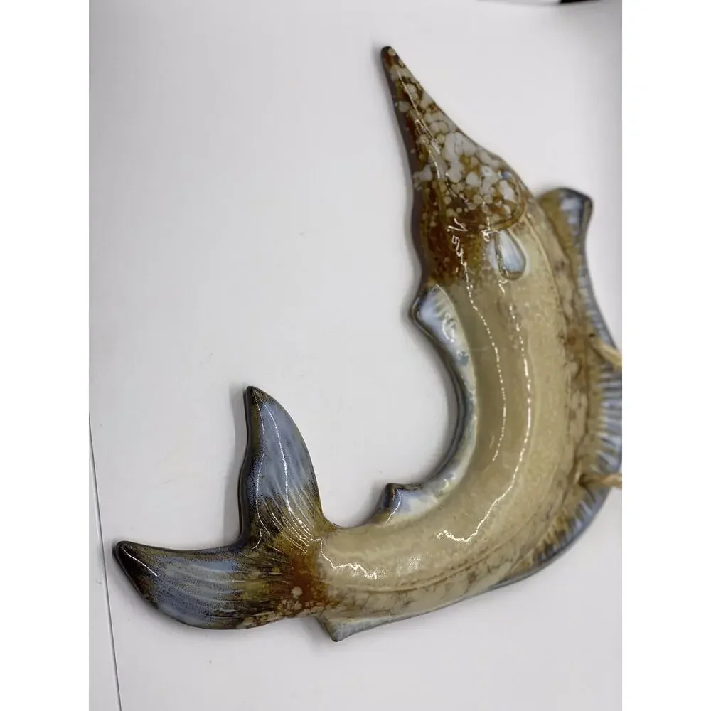Drip Glaze Pottery Swordfish Wall Decor. Approx 11”x 10.5”